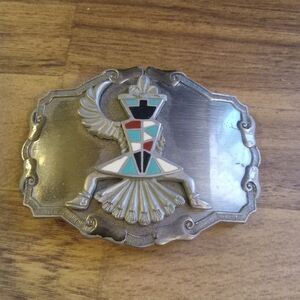 Native American Style Silver Belt Buckle with Multicolor Inlay